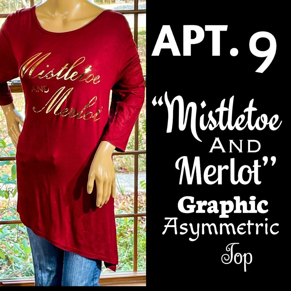 ▪️APT 9▪️Burgundy & Gold "Mistletoe & Merlot" Graphic Asymmetric Hem Tunic Top